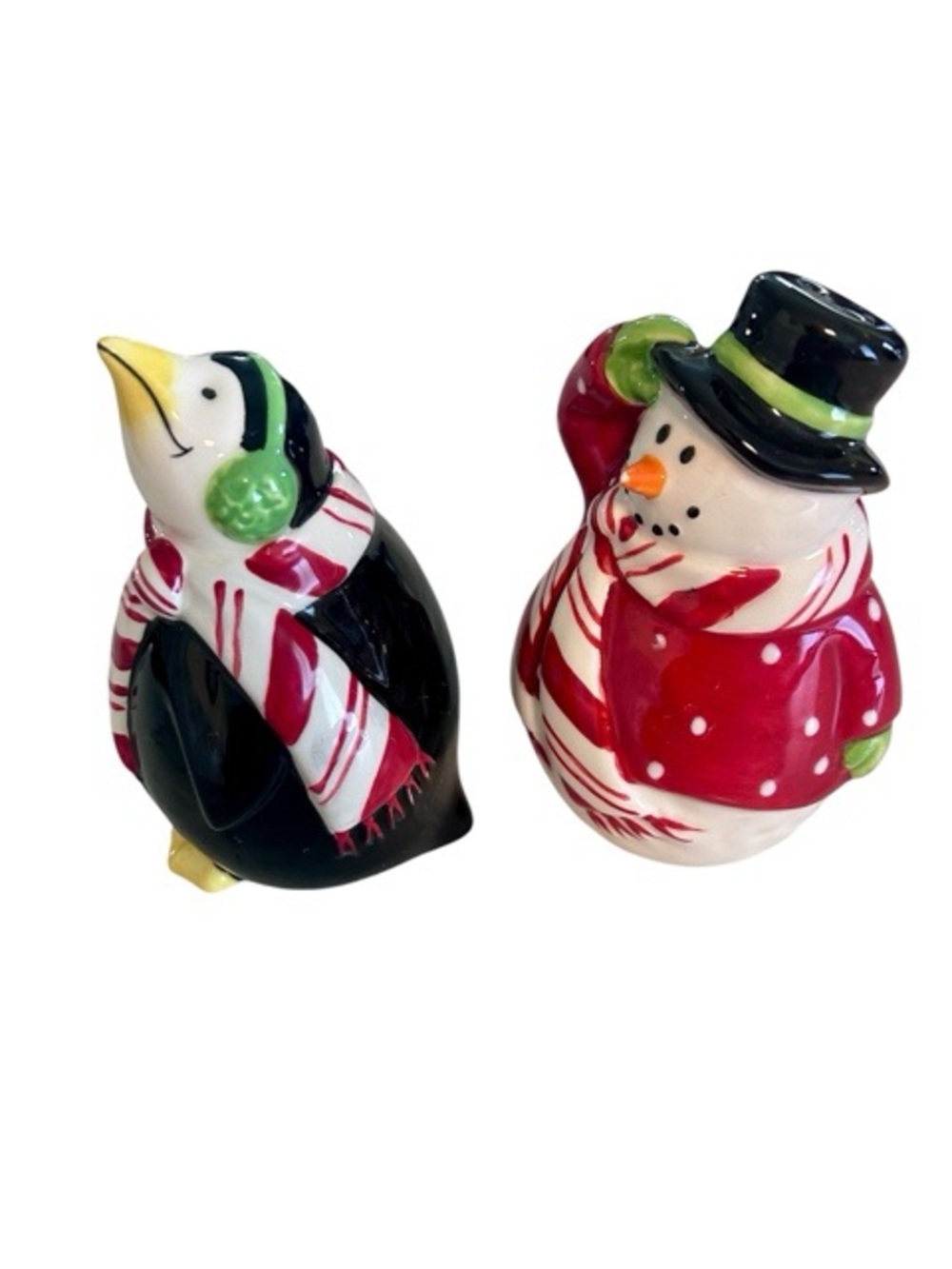 Clay Art Penguin and Snowman Ceramic Salt & Pepper Set - Red & Black